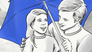 Vater-Tochter-unter dem blauen Regenschirm